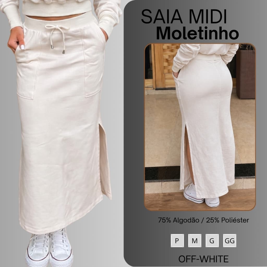 Saia Midi Moletinho Com Fenda Lateral Bolso Off White Moda Casual