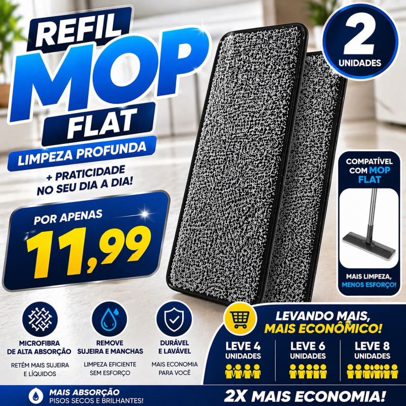 REFIL MOP FLAT 5L REUTILIZAVEL Microfibra 32cm Lavável Alta Absorção Kit 2 Unidades