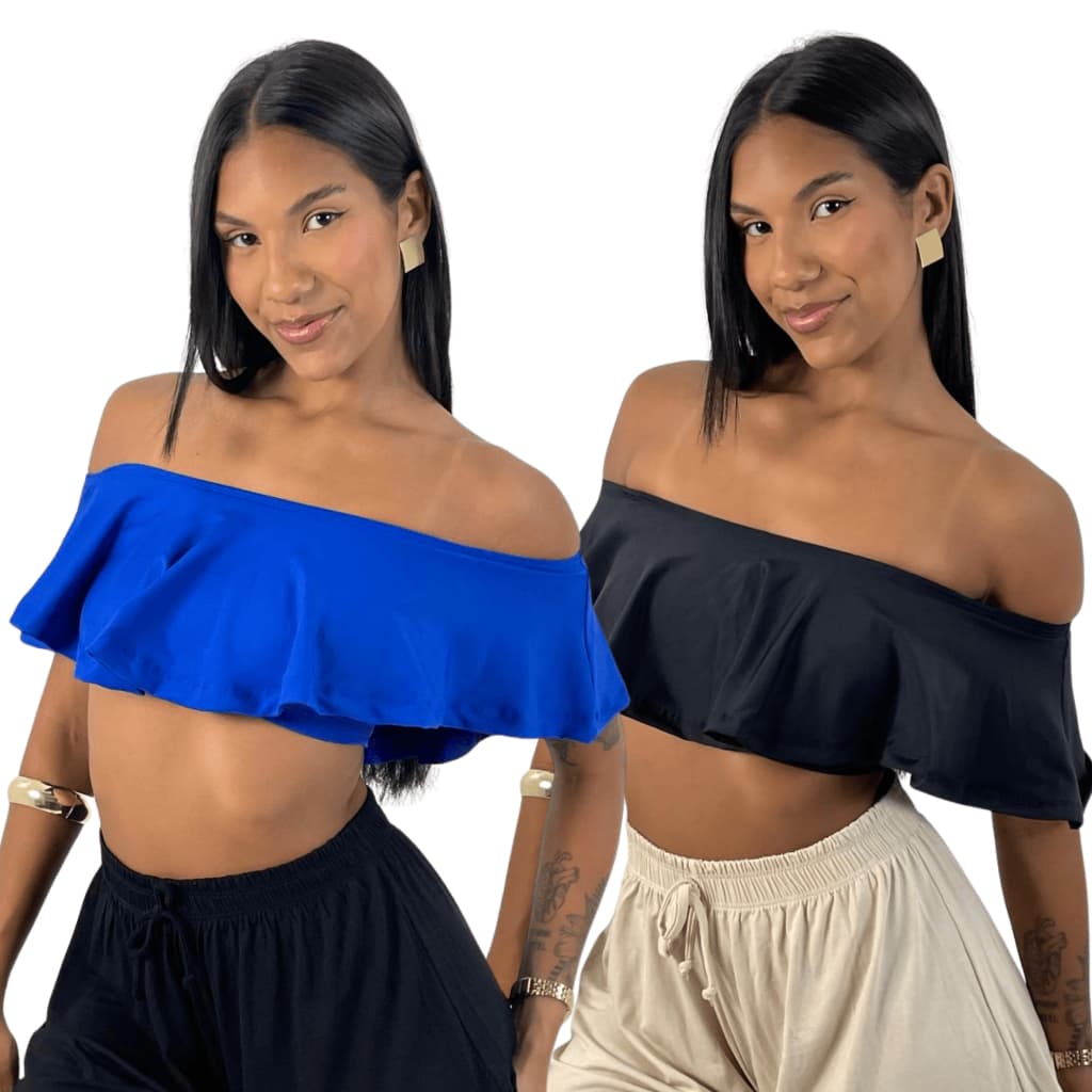 KIT 2: Cropped Feminino Ciganinha Ombro a Ombro Babado com Top por Baixo Suplex Premium de Qualidade