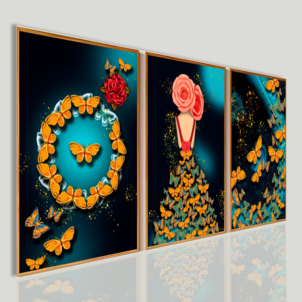 Quadros Decorativos Sala Quarto Borboletas Douradas e Rosas Azul Turquesa Luxo  Premium Moderna