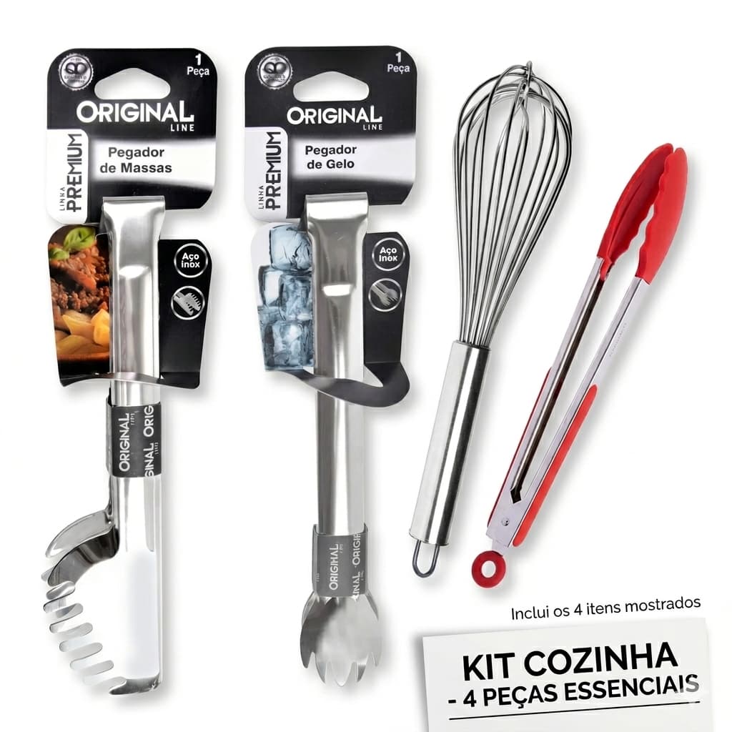 Kit Cozinha 4 peças (pegador de silicone + pegador de massas + pegador de gelo + fouet batedor)