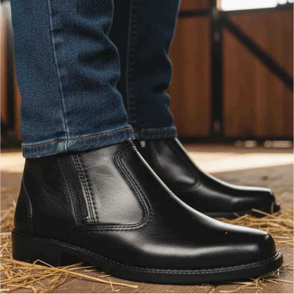 Bota Preta Country Casual Social Botina Couro Vaqueta Legitimo Com Ziper Fecho Solado Costurado 2235