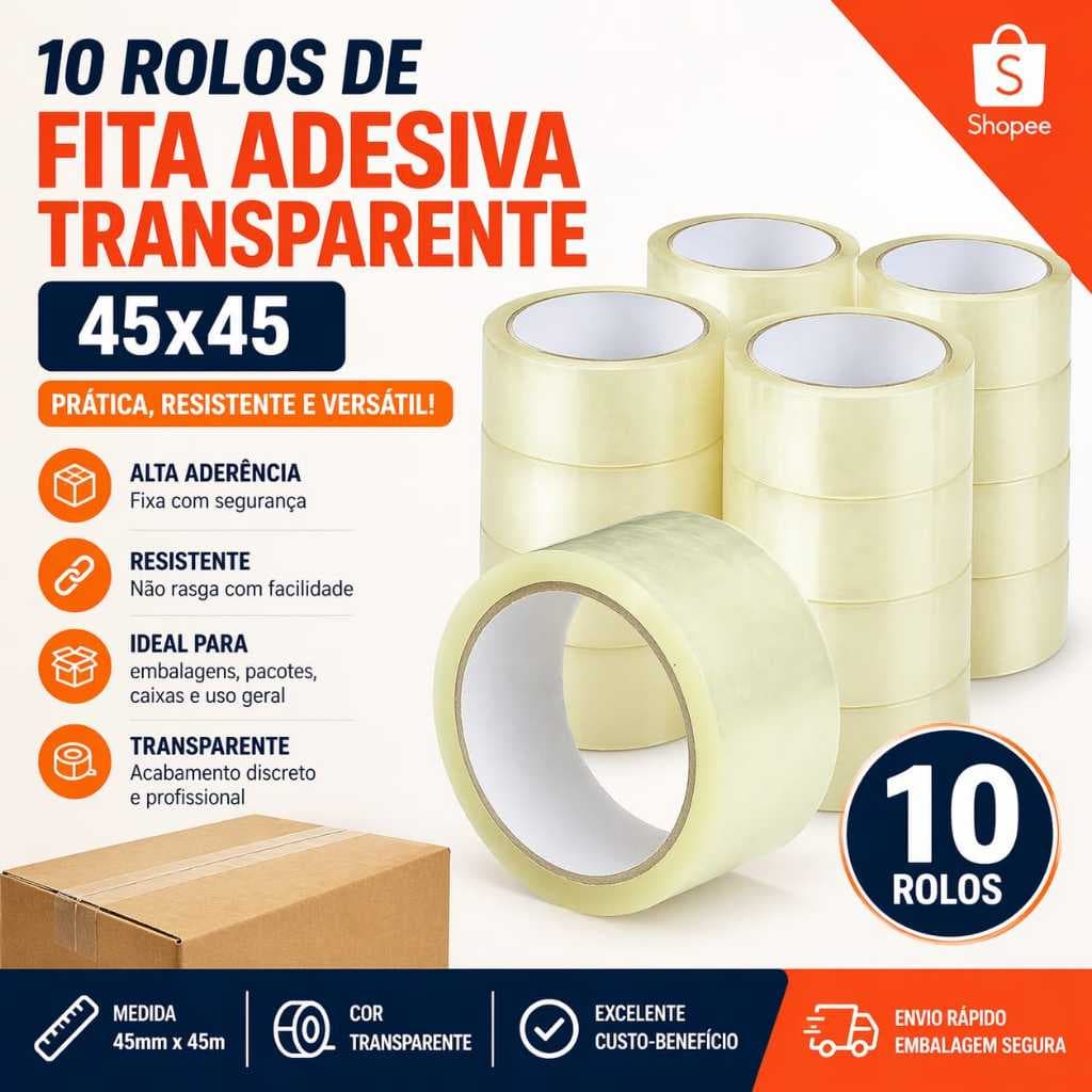 KIT 10 FITAS ADESIVAS LARGAS 45 x 45 – SUPER RESISTENTE  EMBALAGEM PROFISSIONAL