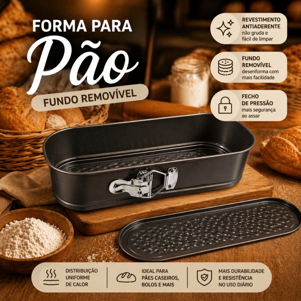 Forma de Pão Bolo Antiaderente 31cm Fundo Removível Desenforma Fácil com Trava Segurança
