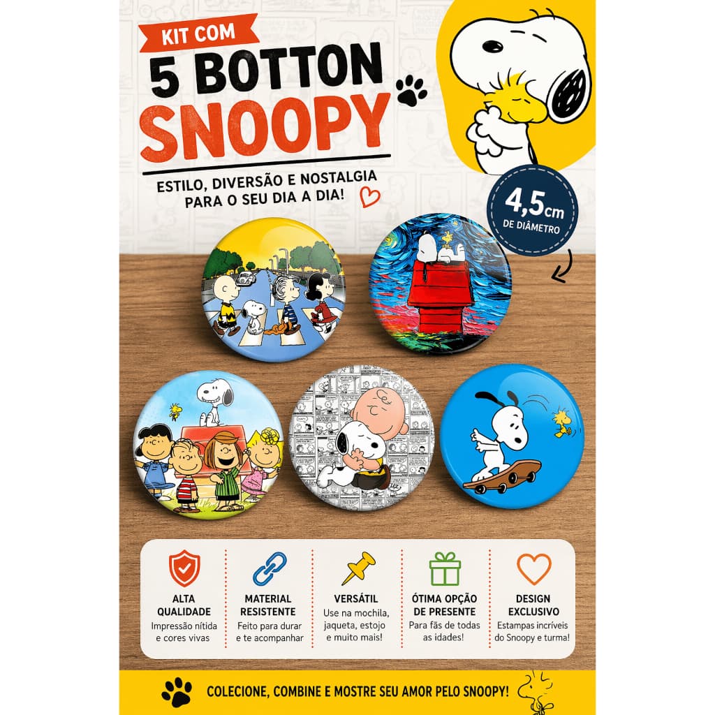 Kit 5 botton Snoopy  de 4,5 cm - Button, Broche , Pin - Envio Imediato