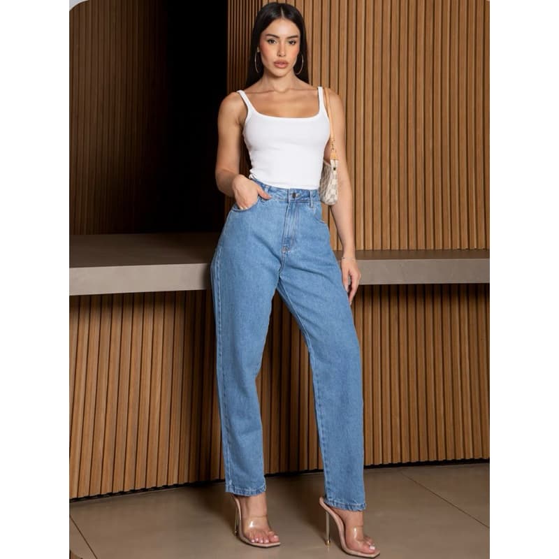 Calça Jeans Mom Feminina Cintura Alta Modeladora Azul Claro Premium Confortável Reta Vintage/ Calça Consciência Jeans