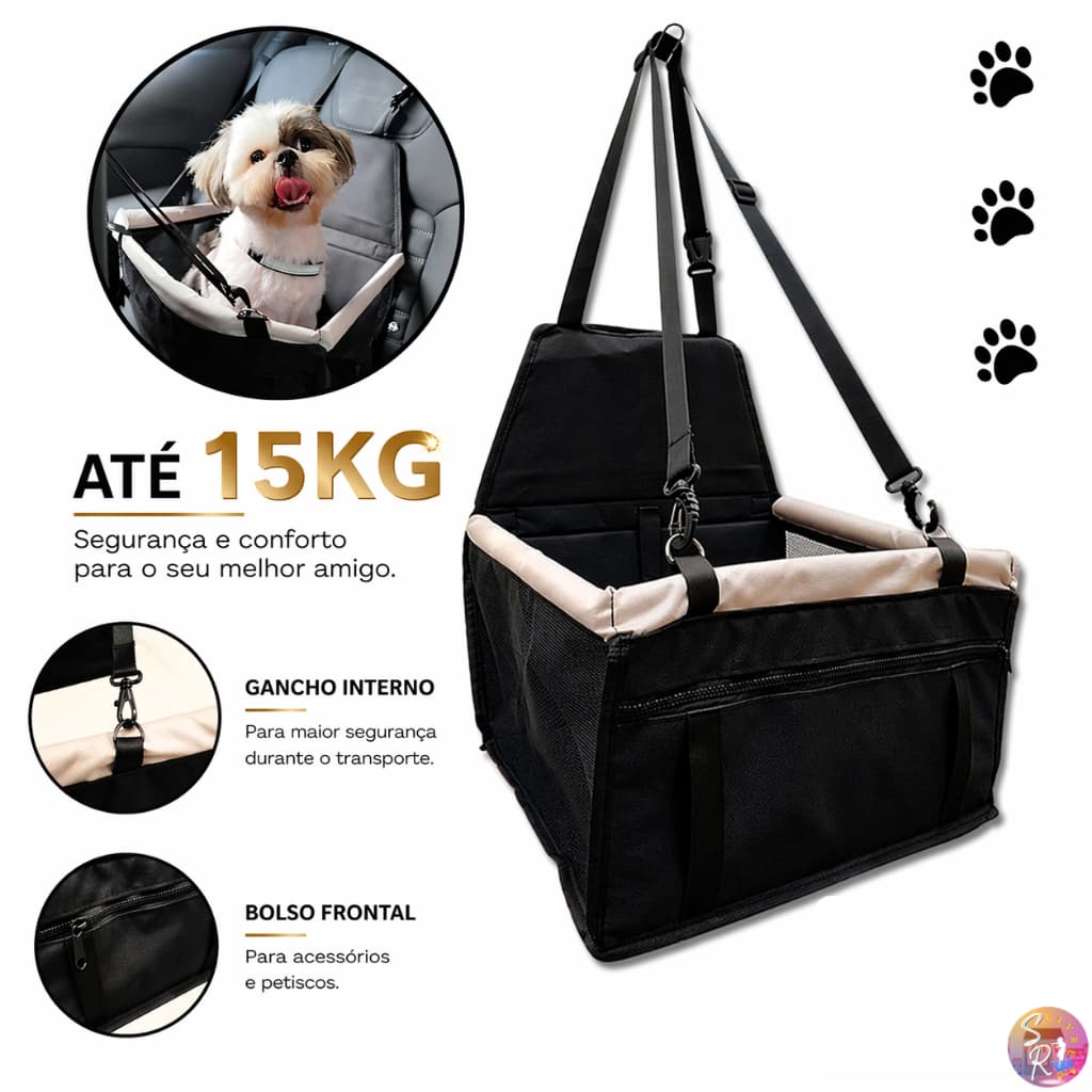 Assento para Carro Pet até 15kg Cães e Gatos Cadeirinha para Viagem Porta Petisco Preto Cinza