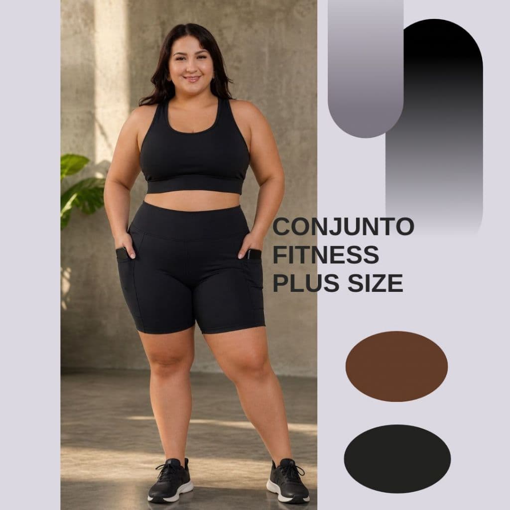 Conjunto Fitness Feminino Plus Size Cintura Alta Short com Bolso Suplex Compressão Academia G1 ao G3