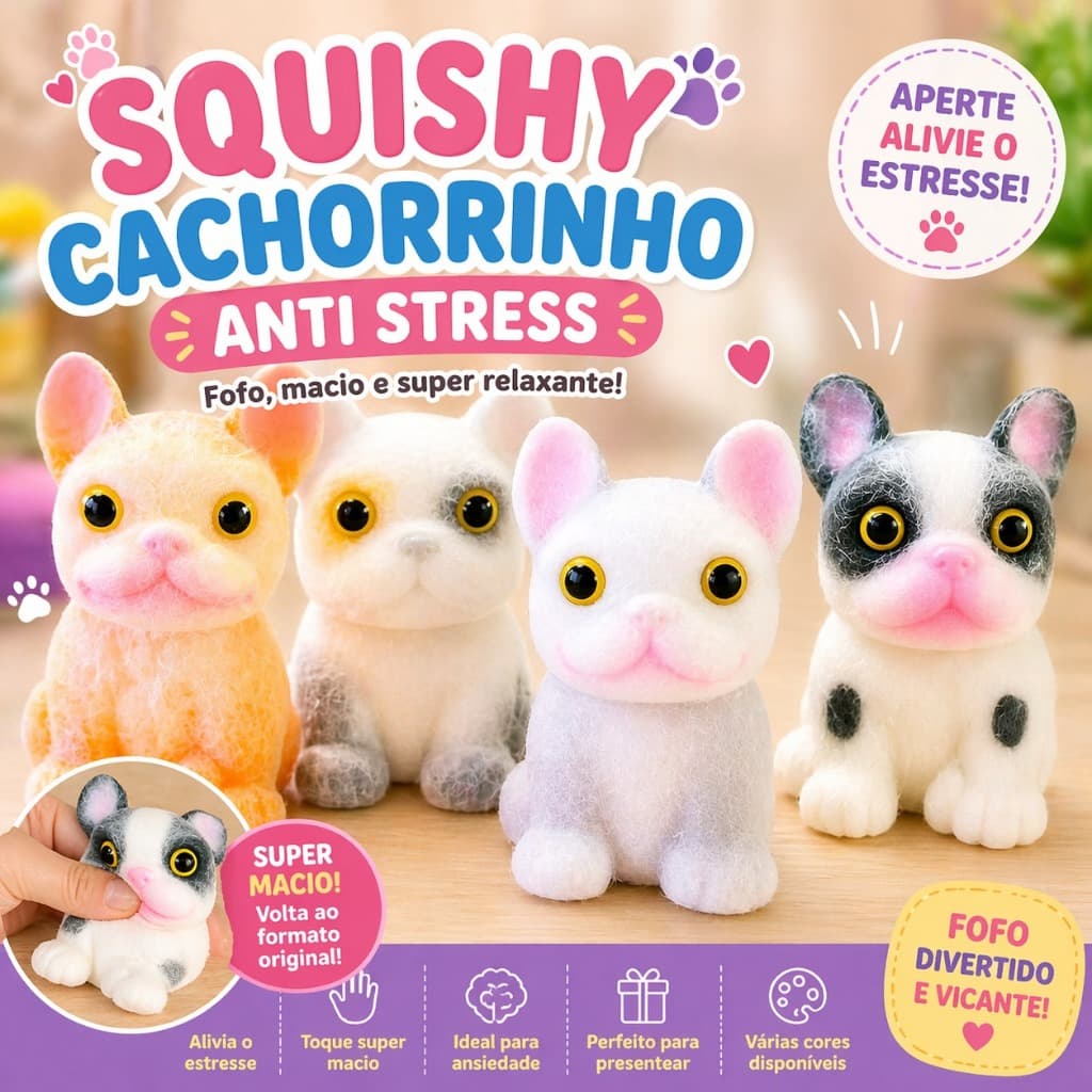Squishi Cachorrinho Bulldog Anti Stress Fofo Sensorial Macio Relaxante Brinquedo Kawaii Várias