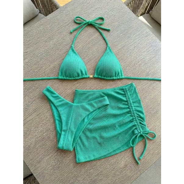 Conjunto de Biquini Cortininha Com Bojo e Saída de Praia Saia Kit 3 Peças Moda Piscina Luxo