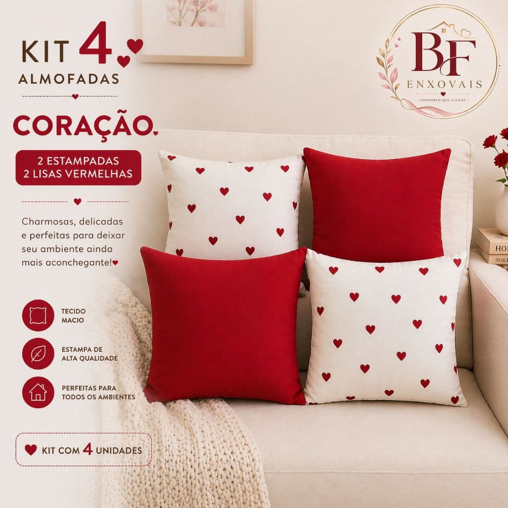 Almofadas Cheias 4 Peças - Decorativa de Coração, Cerejinha e Borboleta 45cm x 45cm