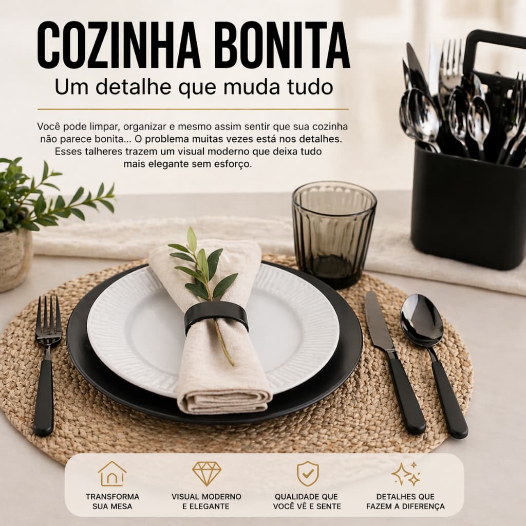 Conjunto Talheres Verona 25 Pecas Aco Inox Preto Design Moderno Duravel Completo