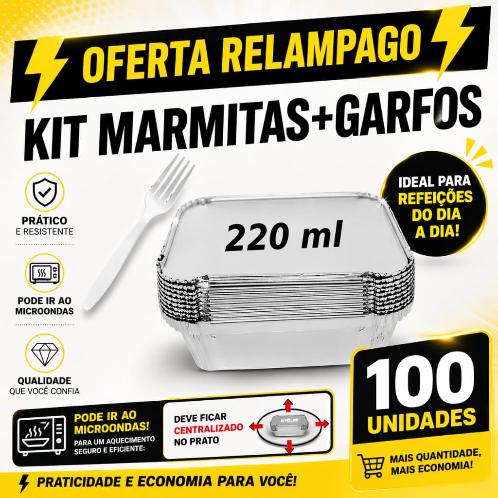 Kit Marmitinhas Marmitex M90 de Alumínio Descartável 220ml + Garfos Sobremesa - 100 Unid