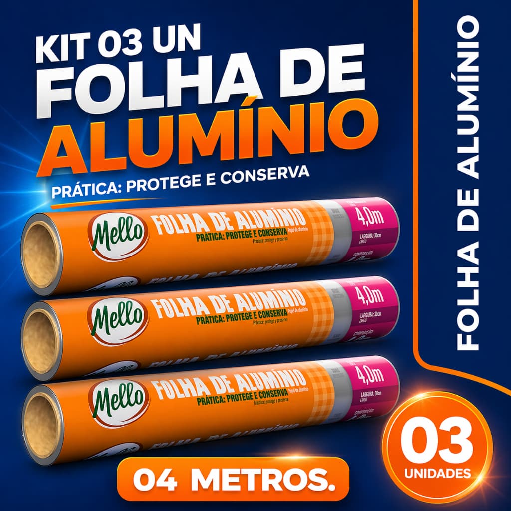 KIT 3 ROLOS DE PAPEL ALUMÍNIO MELLO 30CM X 4M
