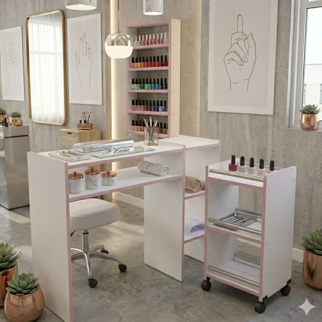 Kit Manicure Profissional 100% MDF : Mesa, Expositor de Esmaltes e Carrinho Auxiliar Kit Nail Designer