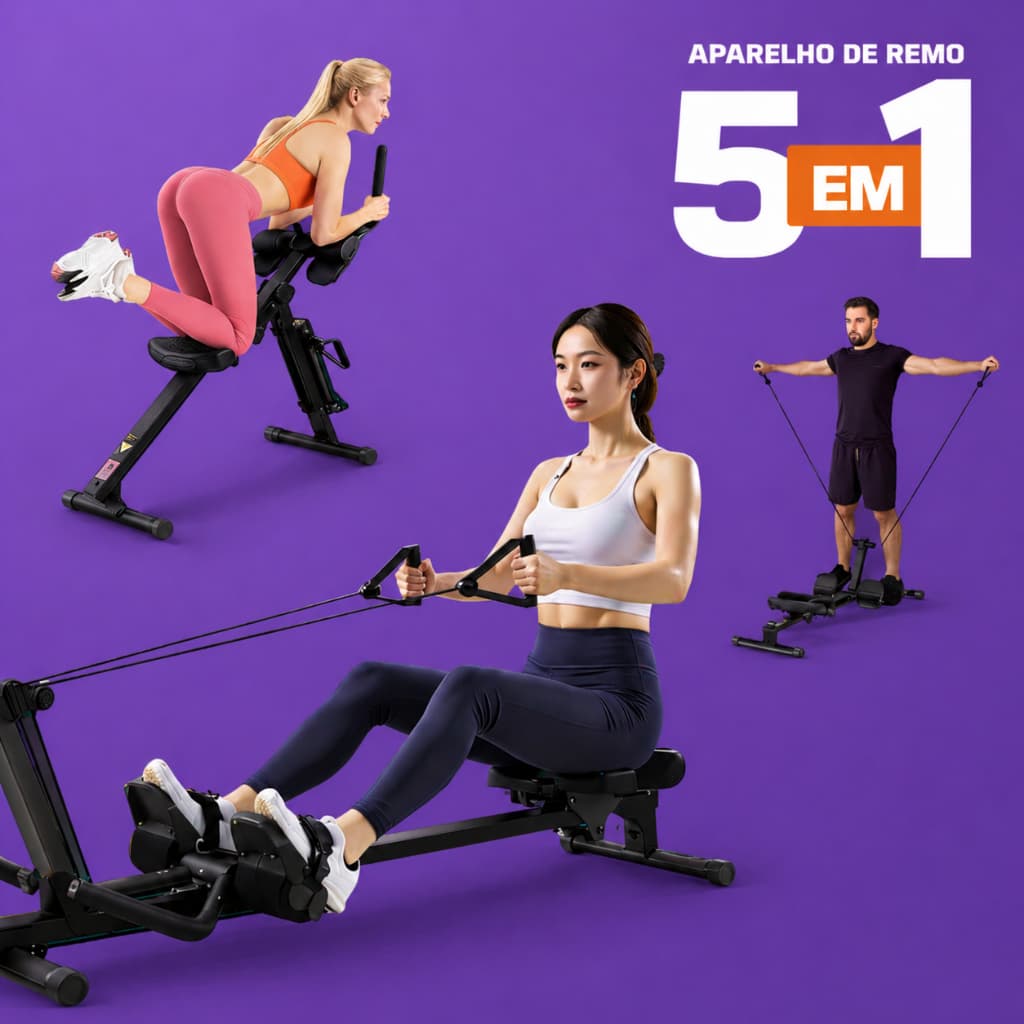 Máquina de Remo 5x1 Multifunções Abdominal Remada Rosca Elevação Simulador Dobrável Fitness em Casa
