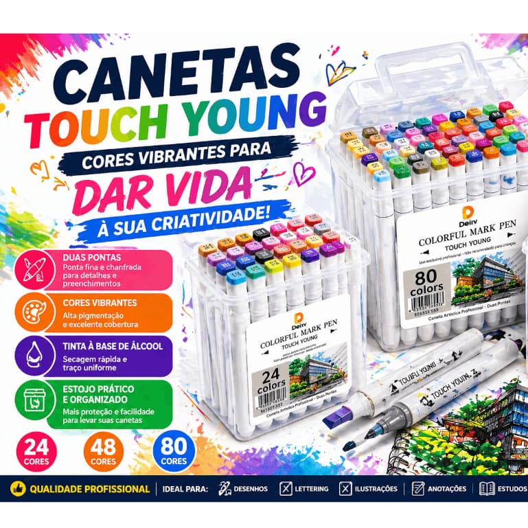 Kit Canetas Touch Profissional 12-24-36 Cores Marcador Álcool Para Desenho Lettering Ilustração
