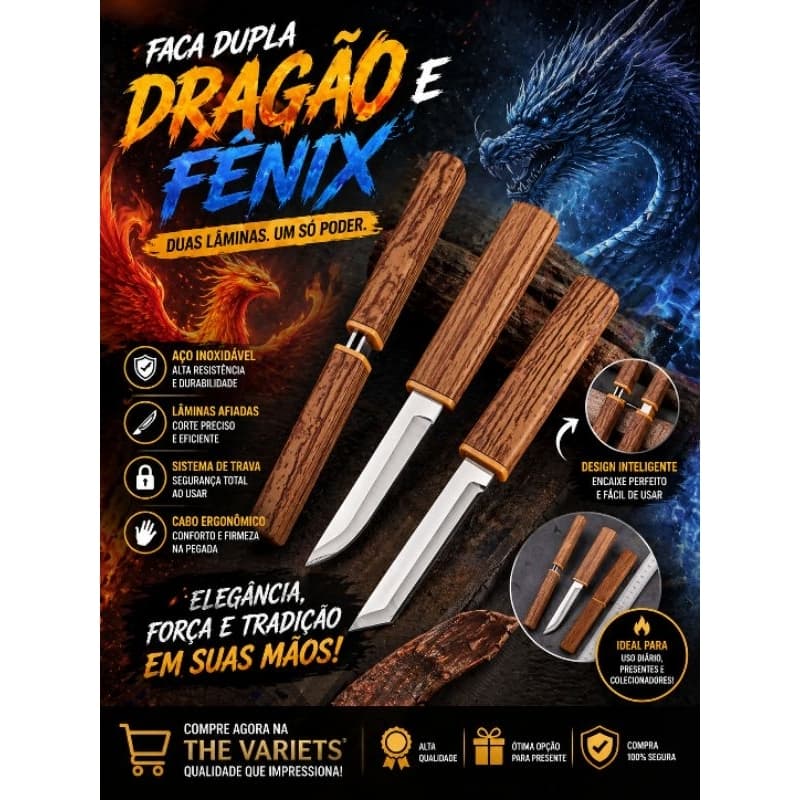 Faca dupla portátil de alta qualidade em aço inoxidável, faca dupla de dragão e fênix