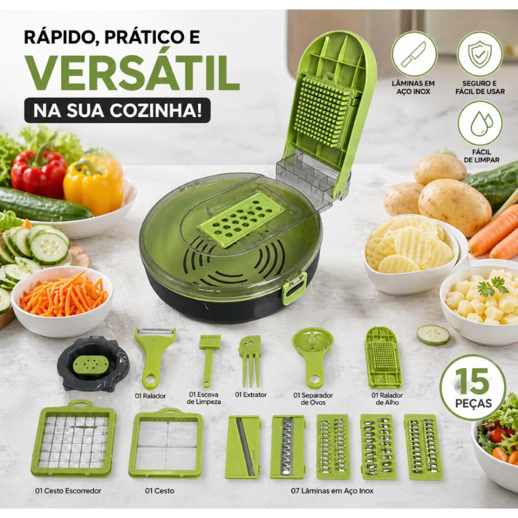 Ralador e Fatiador de Vegetais Redondo 15 Peças Legumes Verduras Corte