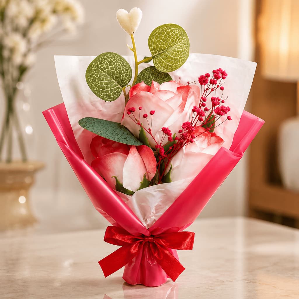 Buquê de Rosas Artificial Presente Rosa Vermelha Decorativa Romântica com Cartão