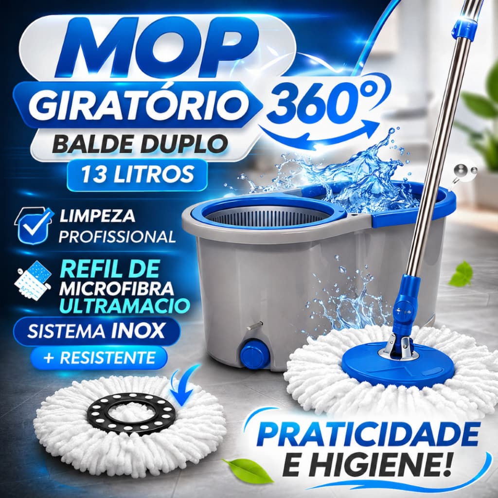 Mop Giratório 13 litros com Refil de Microfibra e cabo Inox Balde Duplo Esfregão Limpeza Centrifuga