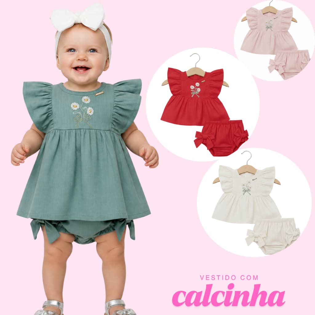 Conjunto Para Meninas com Bordado + Calcinha Com Laços Laterais Conjunto Feminino Para Bebes