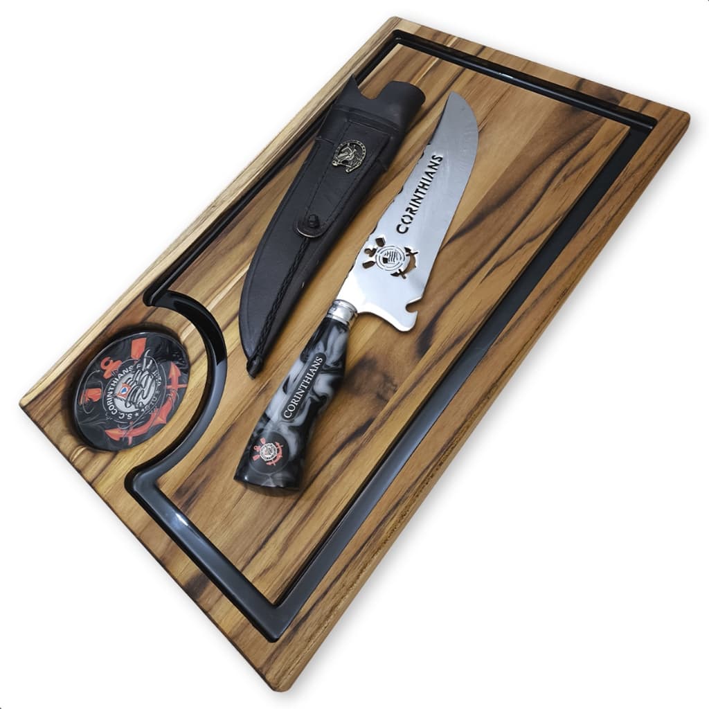 Kit Faca Artesanal + Tabua Premium para Churrasco - Timão Coringão Alvenegro