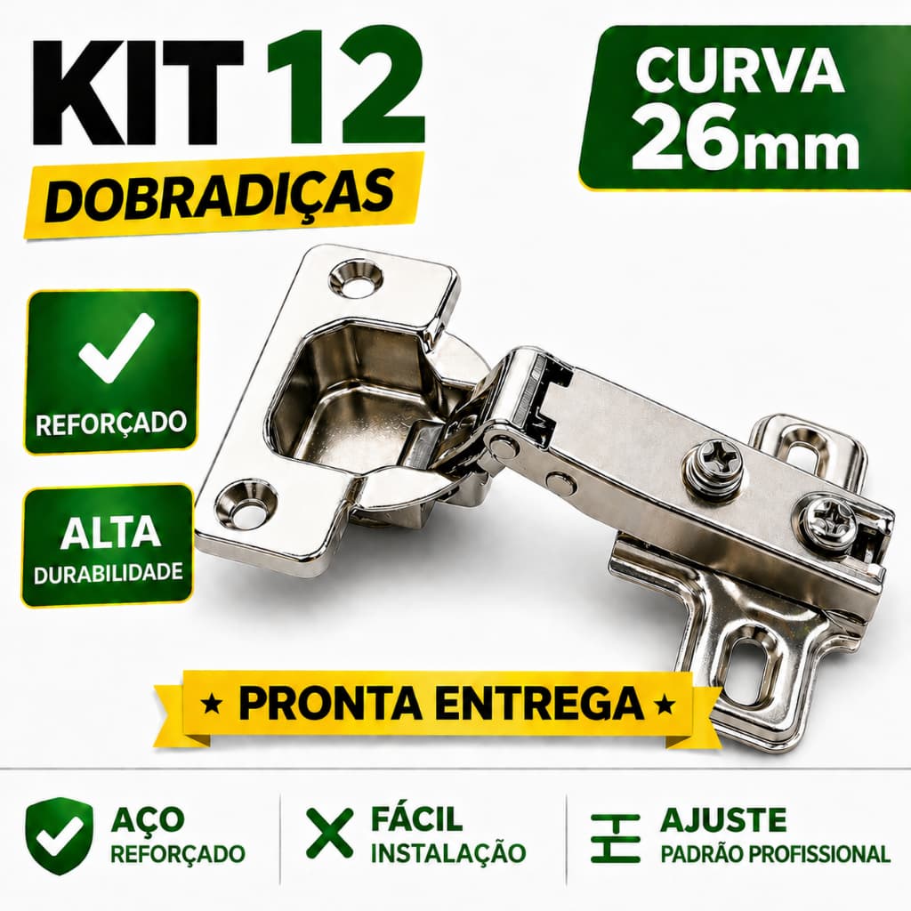 Kit 12 Dobradiça 26mm Curva Armário Porta Móveis Cozinha Guarda Roupa