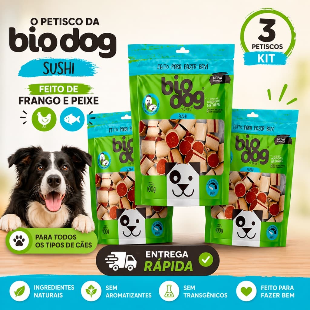 Kit 3 Bifinho Petisco Natural Snack Biscoito Cães Biodog Mordedor Gourmet Sushi