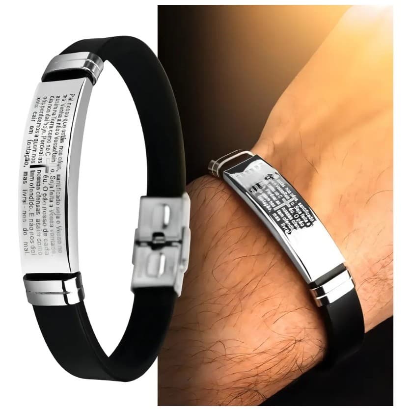 Pulseira Masculina Pai Nosso Aço Inox Silicone Ajustável Antialérgica Religiosa Masculina Premium