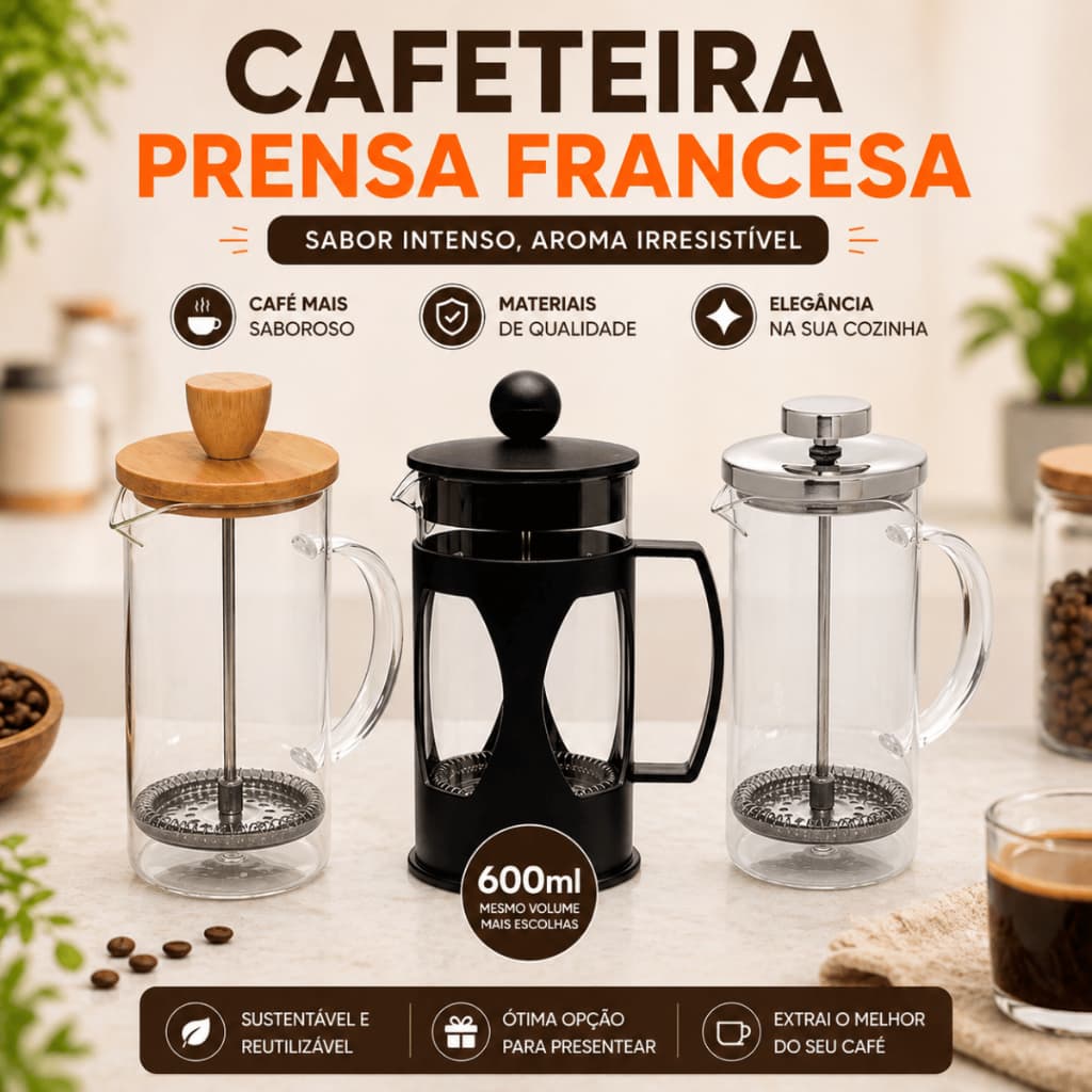 Cafeteira Prensa Francesa Mimo Style Vidro Borossilicato 350ml 600ml - Bambu, Inox ou Preta Gourmet