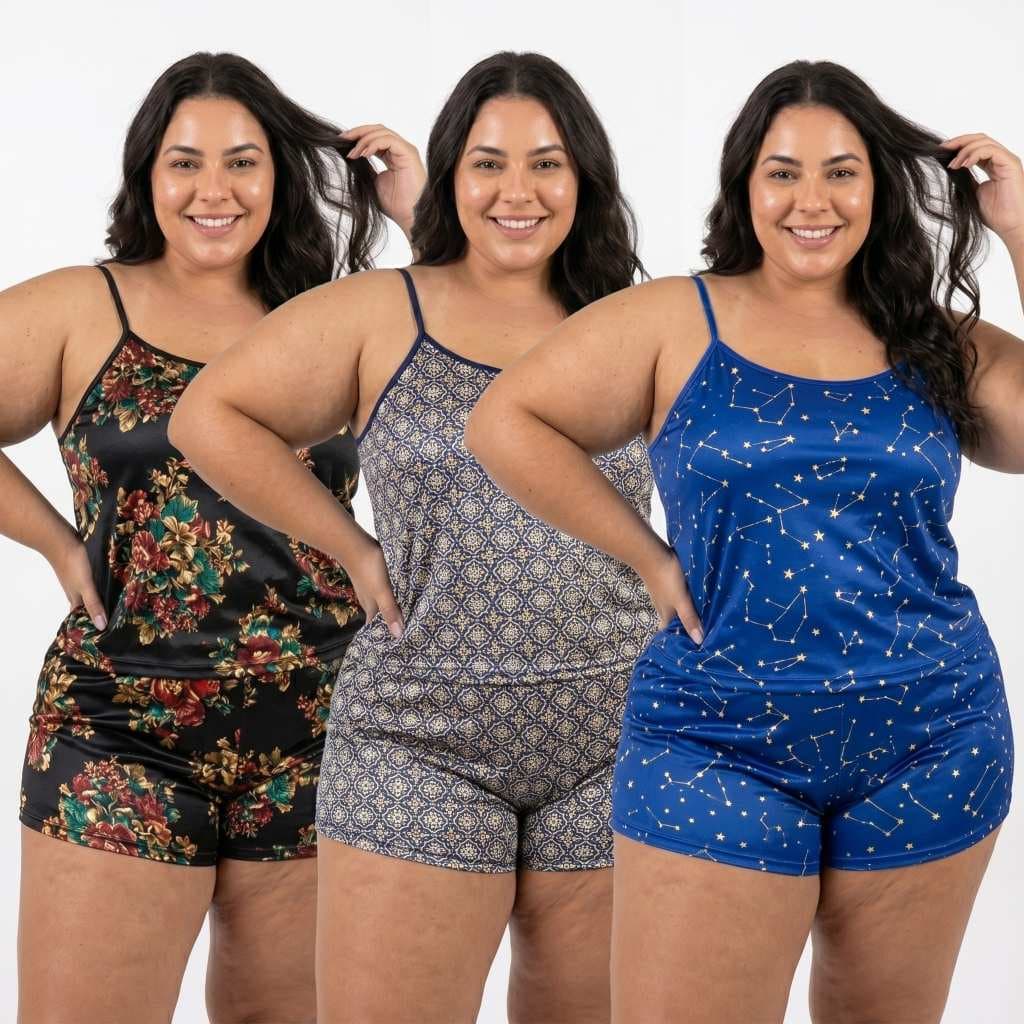 KIT 3 Baby Doll Plus Size Estampado Feminino Short Doll Pijama Microfibra Confortável