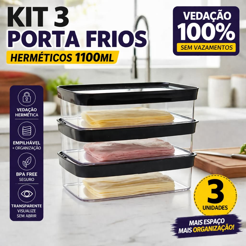 Kit 3 Porta Frios Herméticos 1100ml Vedação 100% Empilhável BPA Free Organizador Geladeira Cozinha