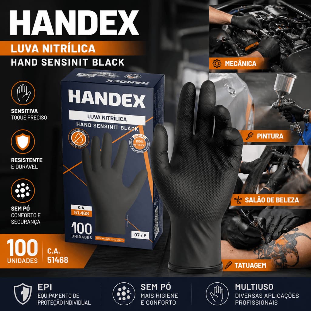 Caixa 100 Luvas Nitrílicas Handex Preta Sensinit Sem Pó Mecânica Pintura Salão Tatuagem EPI CA 51468