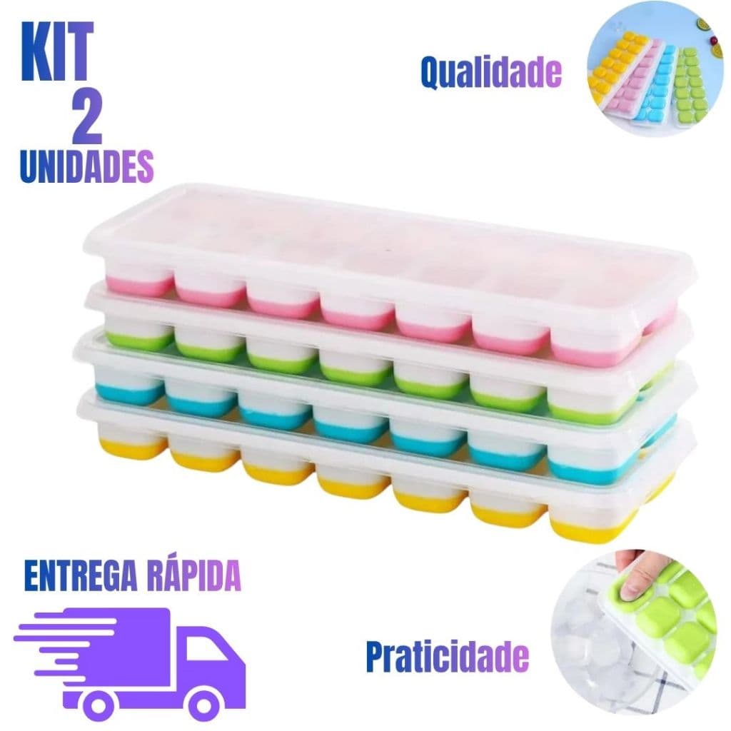 Kit 2 Formas de Gelo Silicone com Tampa Desenformar Fácil Cubos para Freezer