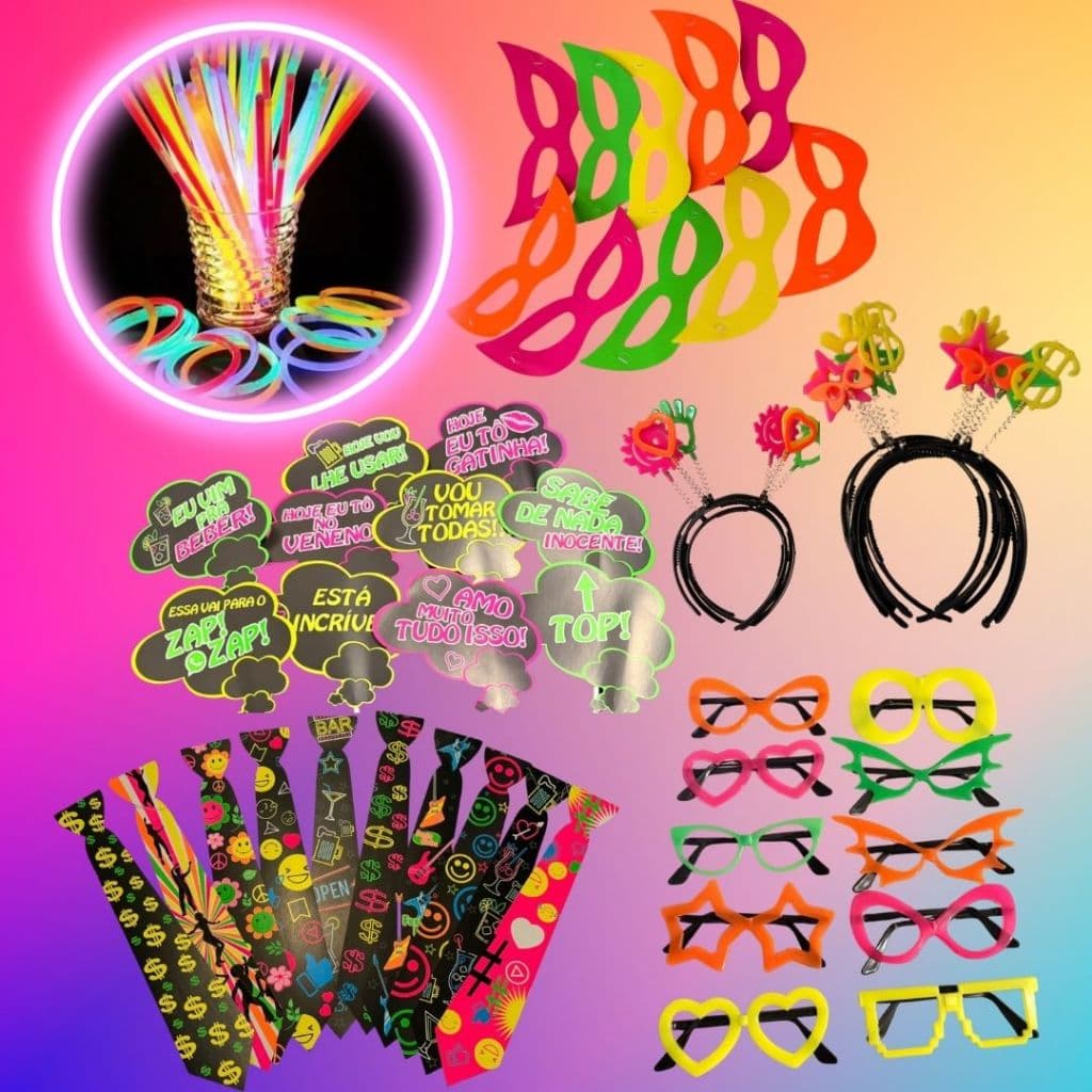Kit 150 peças Neon Balada Pulseiras Óculos Tiaras Gravatas Máscaras Plaquinhas Casamento Adereços