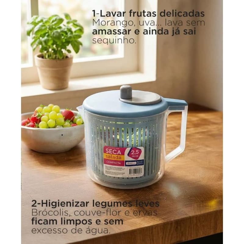 Centrífuga de Salada Manual 2,5L Secador de Verduras e Legumes Compacto Prático e Durável