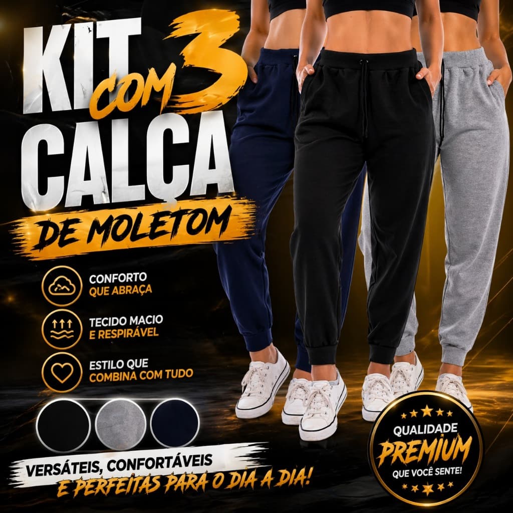 KIT C/3 Calças Moletom Feminina Peluciada  Tendência Grossa Slim Flanelada Lisa Básica Inverno.Jogger Premium.