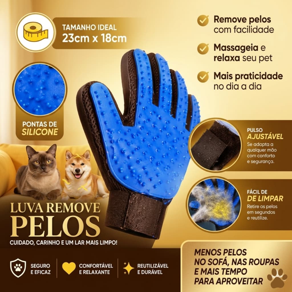 Luva Escova Para Remoção De Pelos De Pet Nano Magnética Cães e Gatos Massageadora