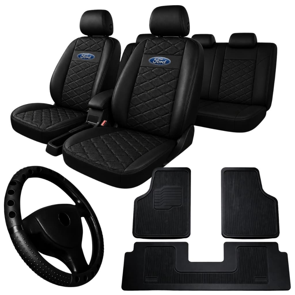Kit Capa Banco Carro Couro 3D Ford Ka Fiesta EcoSport Impermeável + tapete de carro 3 peça + volante