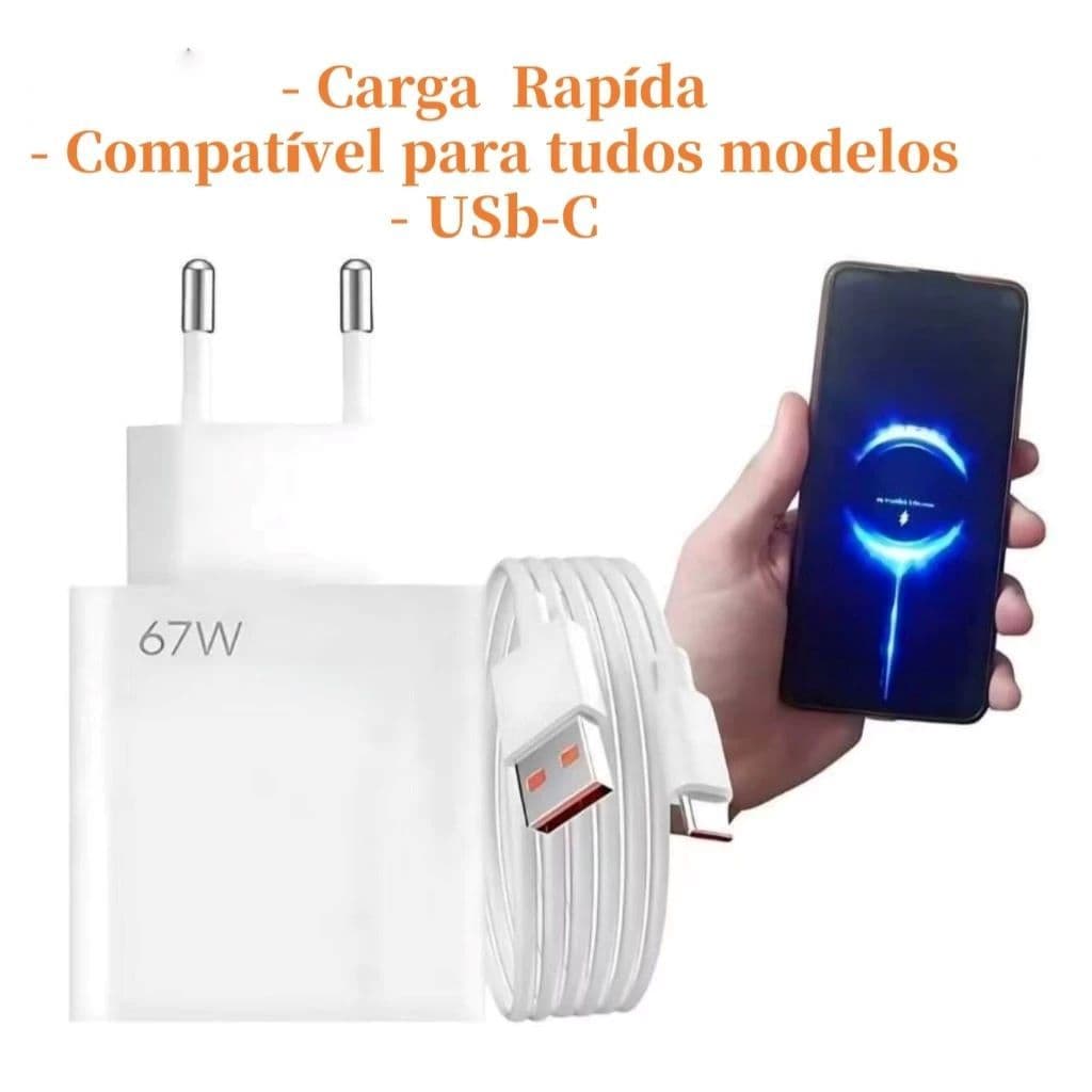Kit Carregador Completo OR 67W Compatível Para Xiaomi Com 6A USB-C Cabo Turbo Carregamento Rapído
