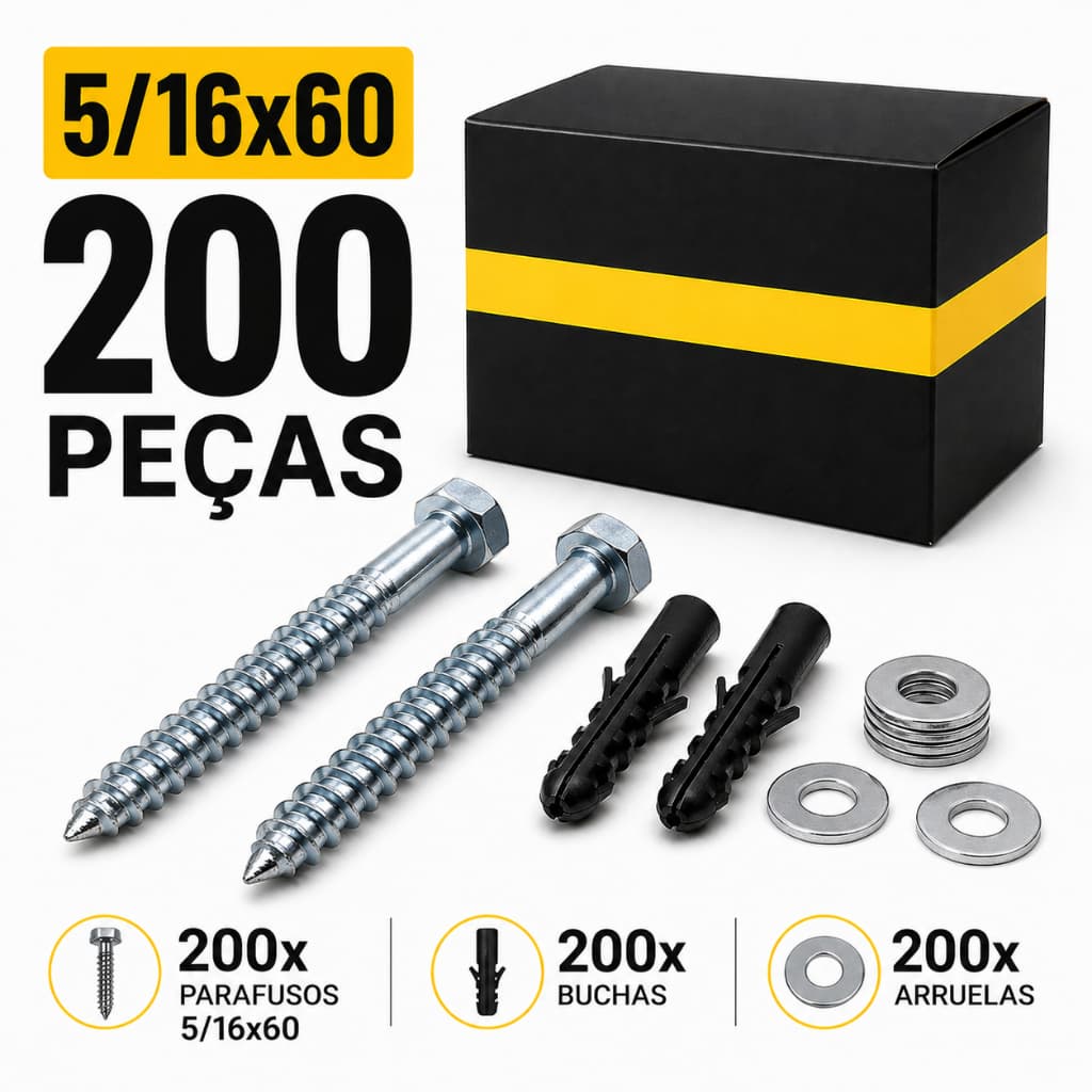 Parafuso Sextavado 5/16x60 c/ Bucha e Arruela | Kit  50 100 200 Peças | Fixação Concreto Parede Tijolo Zincado