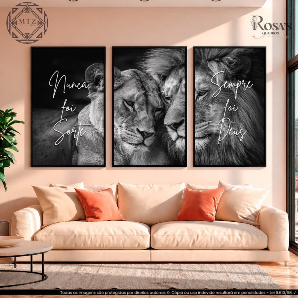 Kit 3 Quadros Decorativos Leão Nunca Foi Sorte Sempre Foi Deus Preto e Branco MDF Luxo