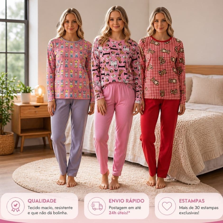 Kit Pijama Juvenil Inverno Roupa Dormir Comprida Menina Pijama Infantil Feminino Tamanho 2 ao 16 Anos