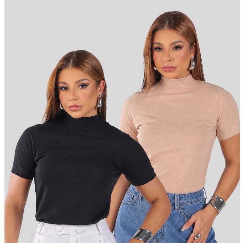 KIT 2 BLUSAS GOLA ALTA FEMININAS LISAS 100% ALGODÃO CAMISETAS PRETA E BEGE