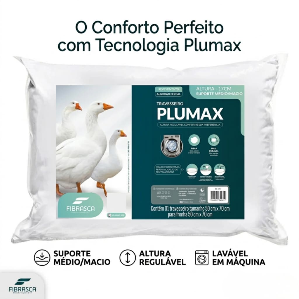Travesseiro de  Pluma Regulagem de Altura Plumax Percal Fibrasca 50x70cm Cor Branco
