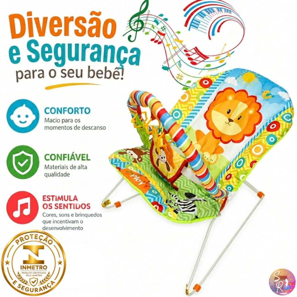 Cadeira de Descanso para Bebê Musical 2 em 1 Móbile e Mordedor Bouncer até 11kg Safari