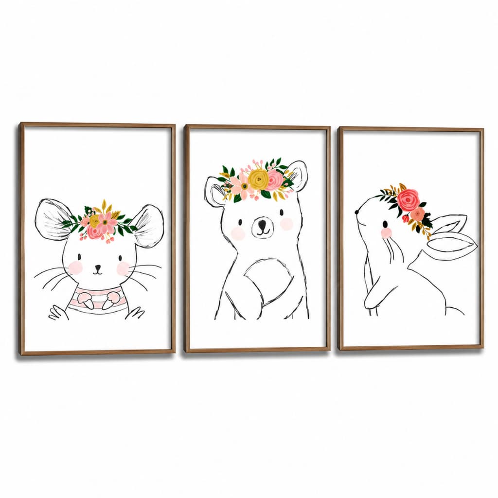Kit 3 Quadros Decorativos Infantil | Quarto Bebê Menina | Animais Fofos e Delicado - No151