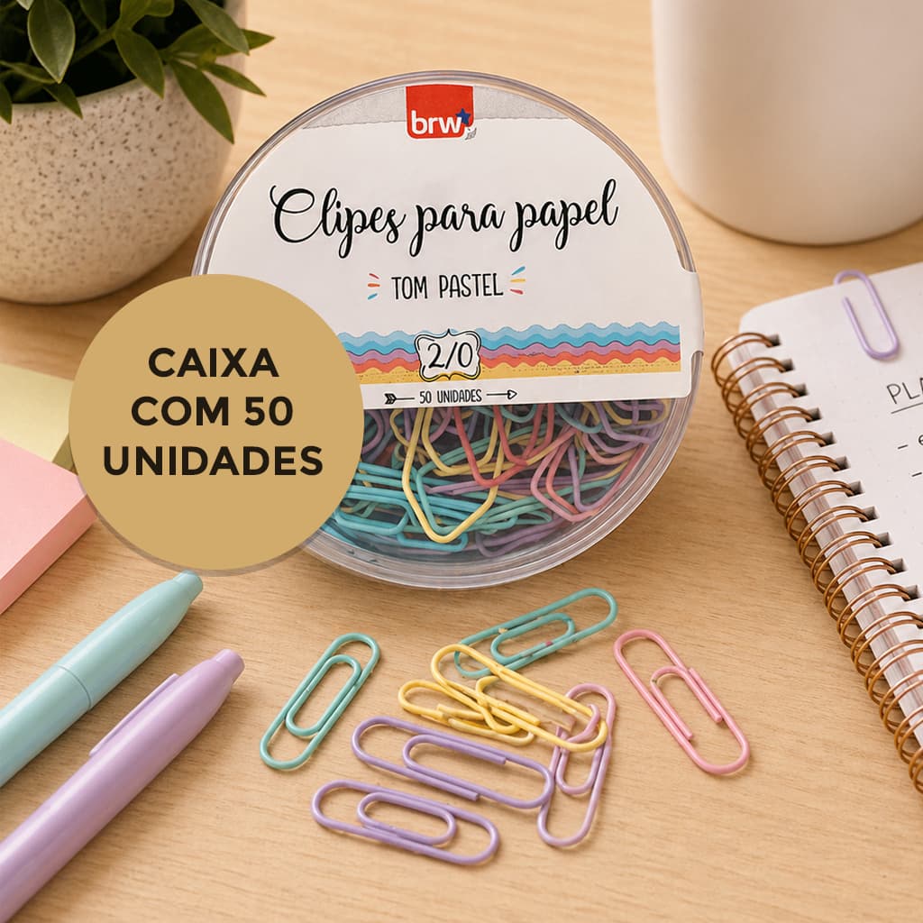 Clipes Para Papel BRW Tom Pastel Colorido Caixa Com 50 Unidades