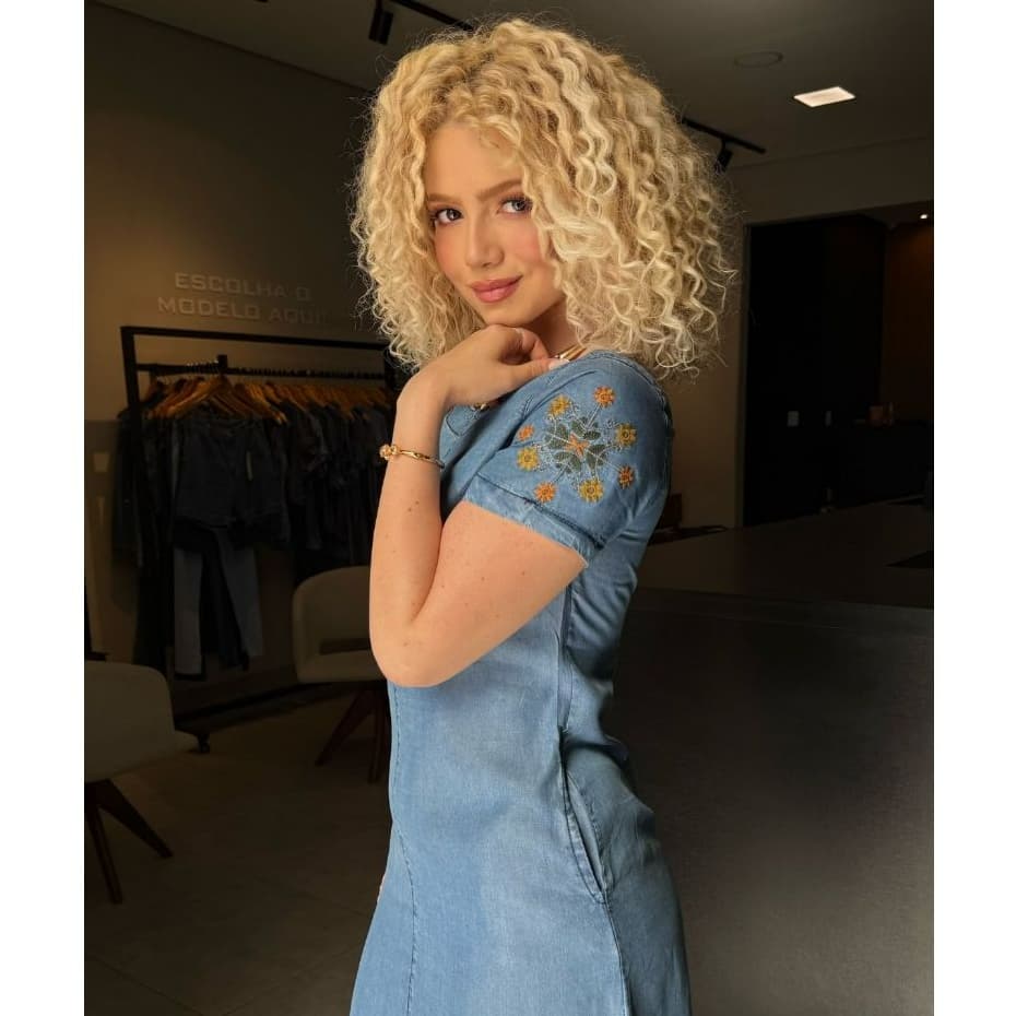 Vestido Feminino Manga Curta Bordada Elegante Jeans Tencel